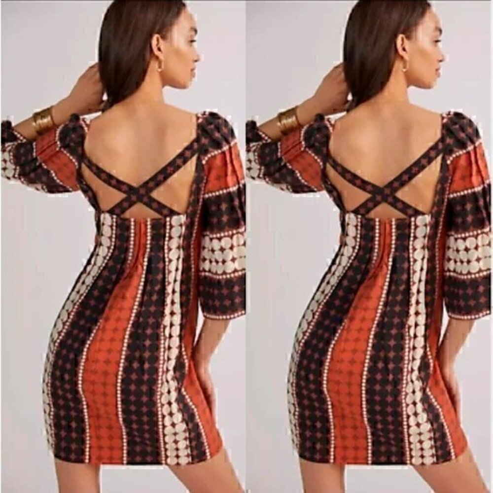 Anthropologie Rust Black Cream Patterned Cross-Back Mini Dress